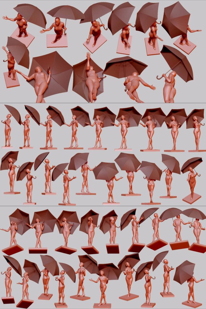 3D models of figures in various poses holding umbrellas, showcasing dynamic and artistic stances.