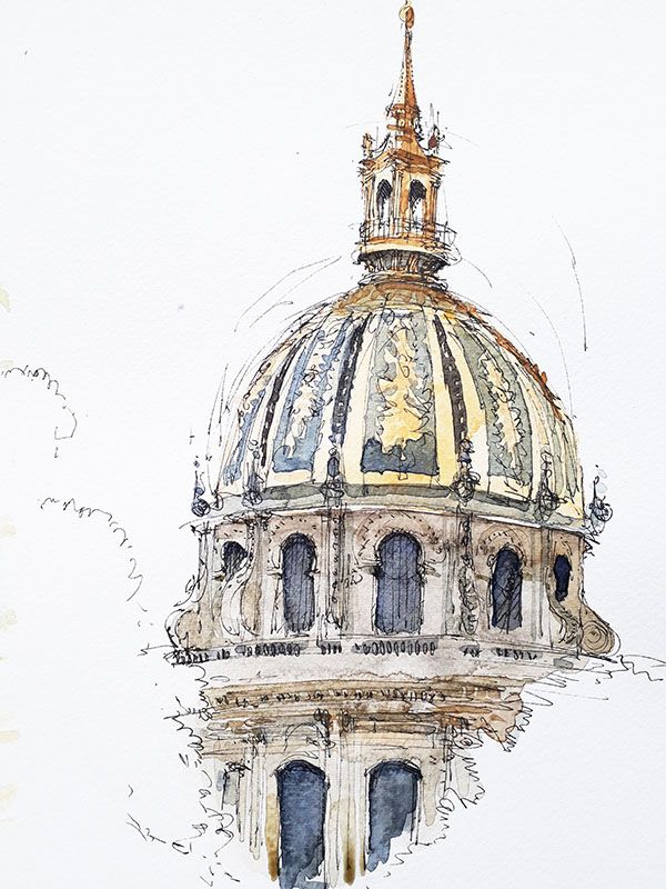 Illustration of a detailed architectural dome with ornate design elements, featuring gold and blue accents on a clear background.