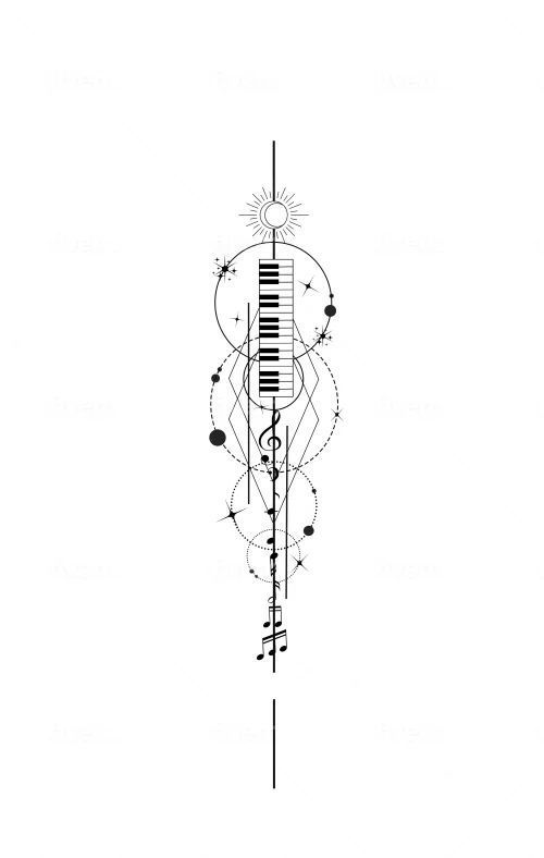 Abstract music tattoo design with piano keys, treble clef, and geometric patterns in black and white.