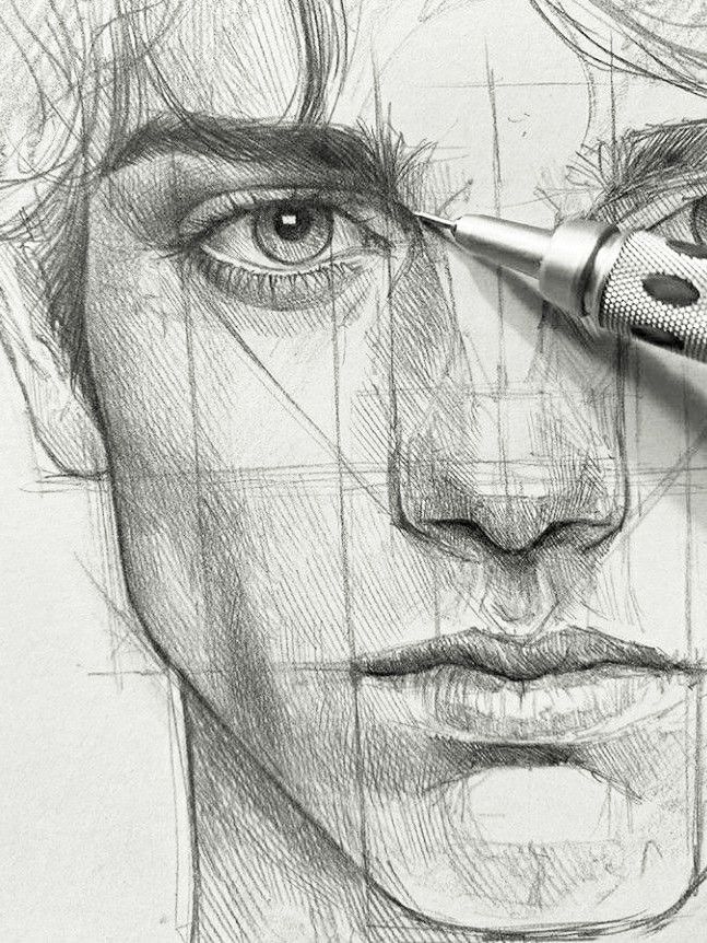 Detailed pencil drawing of a man's face, showcasing precise shading and grid lines for proportions, with a mechanical pencil.