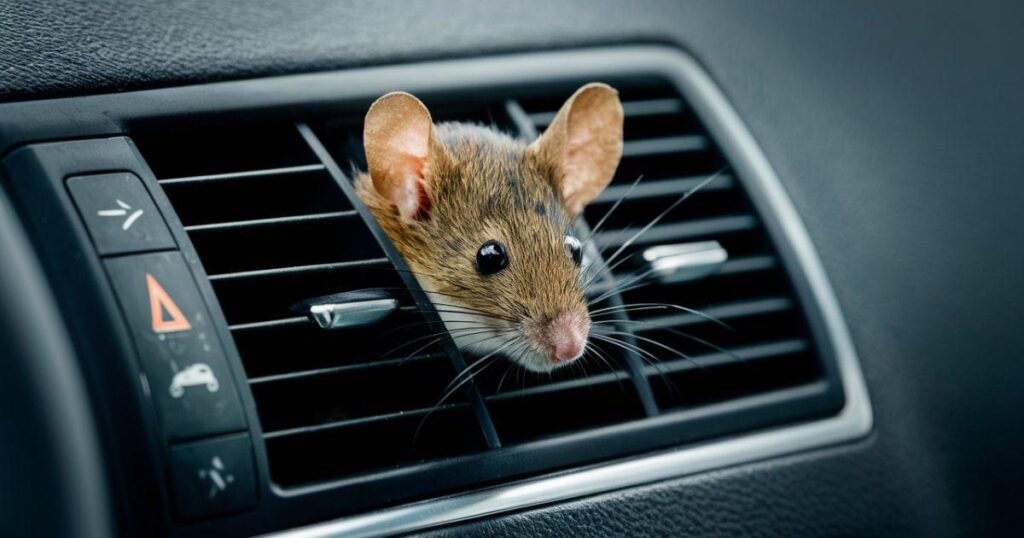 Mouse peeking through car's air vent, highlighting vehicle pest problem.