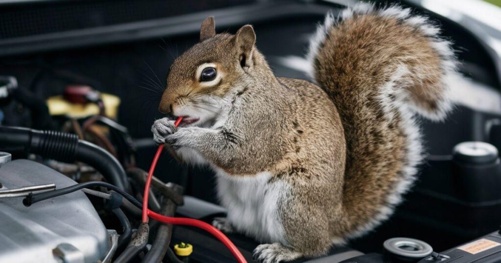 Squirrel chewing car engine wires, causing potential vehicle damage. Wildlife interaction with automotive parts.