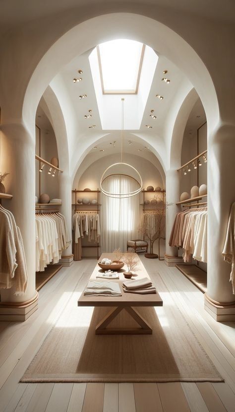 Minimalist walk-in closet with elegant arches and soft natural light, featuring hanging clothes and a central wooden table.