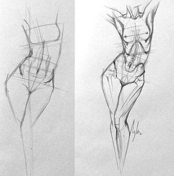 Pencil sketches of female figures showing anatomy and pose studies on paper.