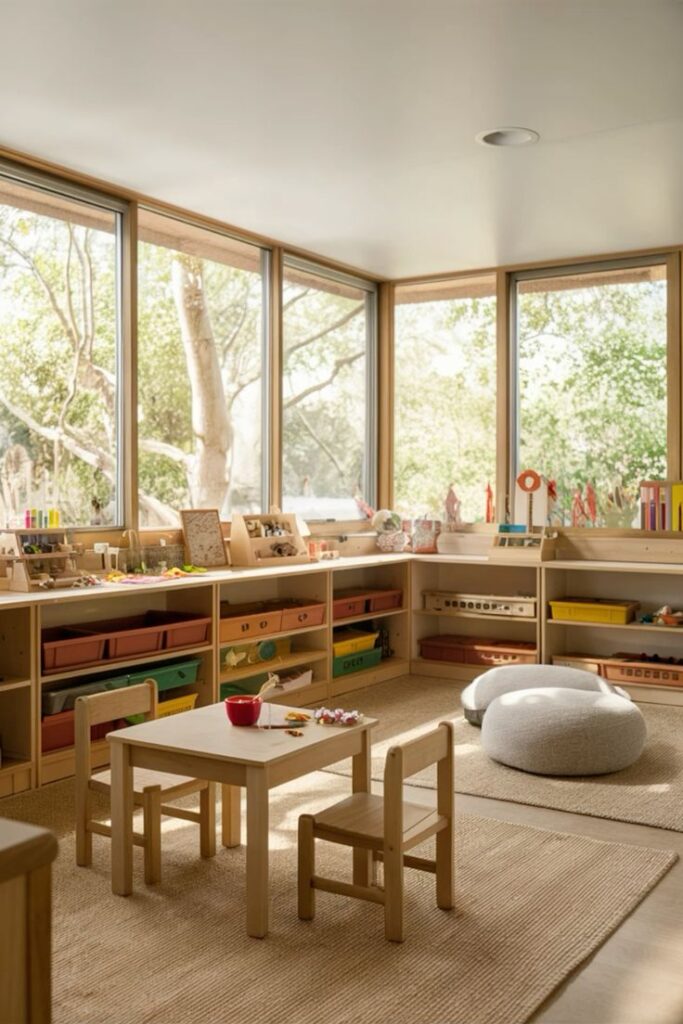 Bright Montessori classroom with wooden tables, chairs, and shelves filled with educational materials, sunlight streaming in.