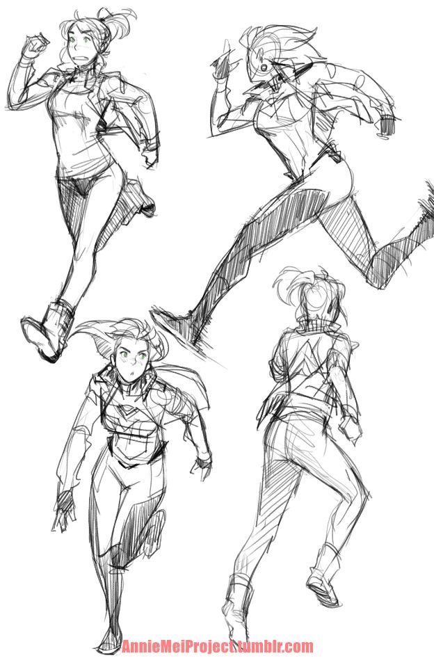 Dynamic character sketches in motion, showing various action poses with expressive lines.