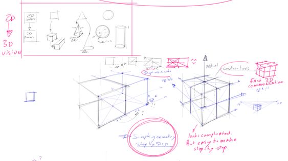 Sketch of 2D to 3D vision transformation, illustrating geometric shapes and step-by-step cube construction instructions.