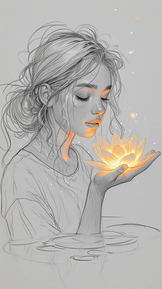 Illustration of a serene woman holding a glowing lotus, capturing peacefulness and light in a grayscale palette.