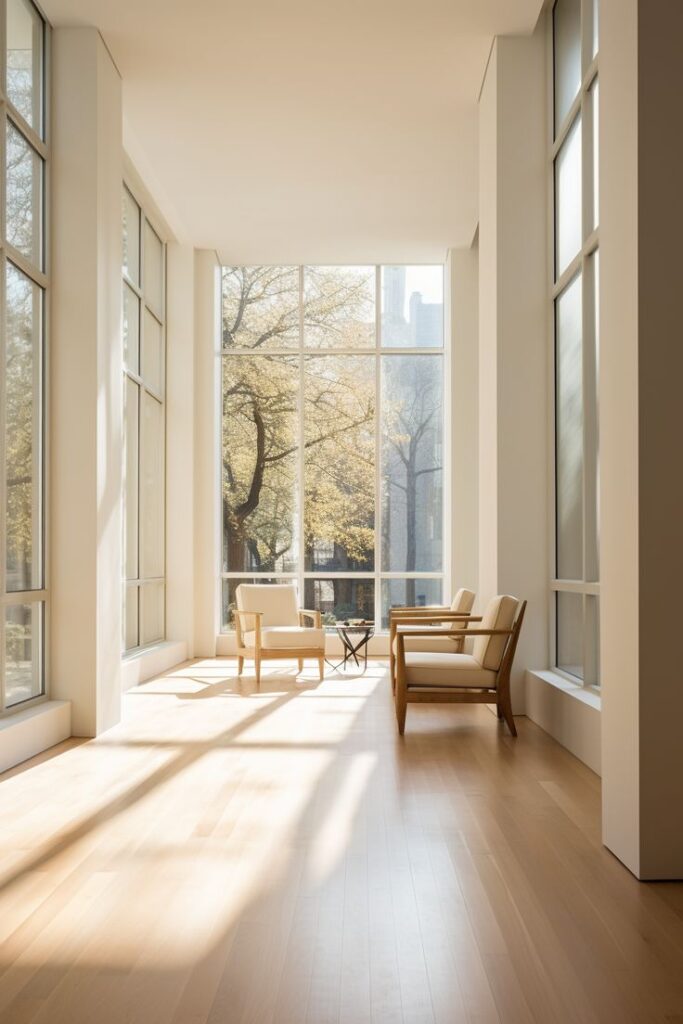 Spacious sunlit room with large windows, cozy chairs, and trees visible outside, creating a serene atmosphere.