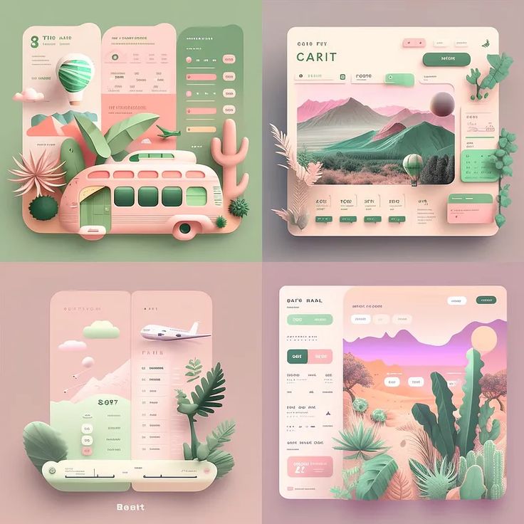 Illustrative travel-themed UI designs with pastel landscapes, vehicles, and destination interfaces.