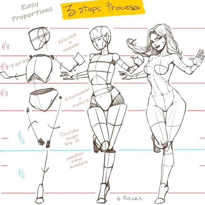 Three-step process for drawing human body proportions, showing head, torso, and legs in detailed sketches.