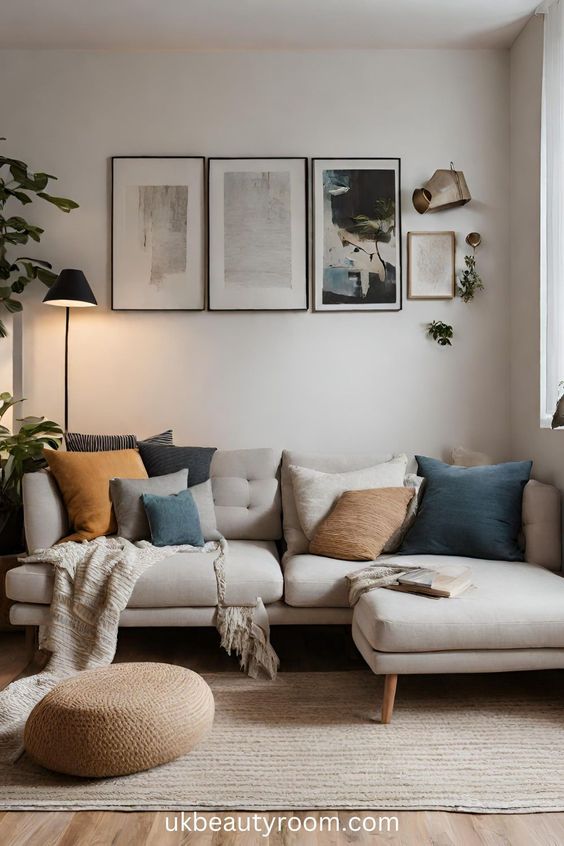 Cozy living room with modern decor, gray sectional sofa, colorful pillows, wall art, and indoor plants.