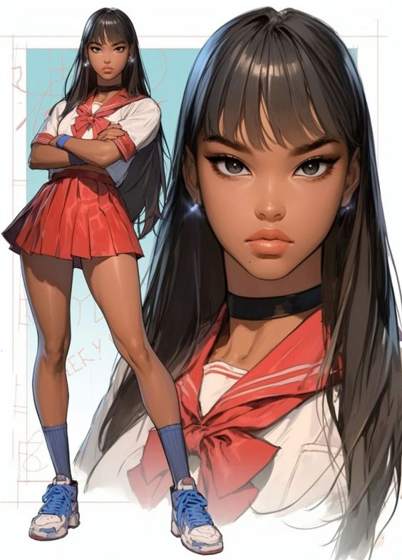 Anime girl in a red skirt and white top, arms crossed, confident expression, long hair, cartoon style.