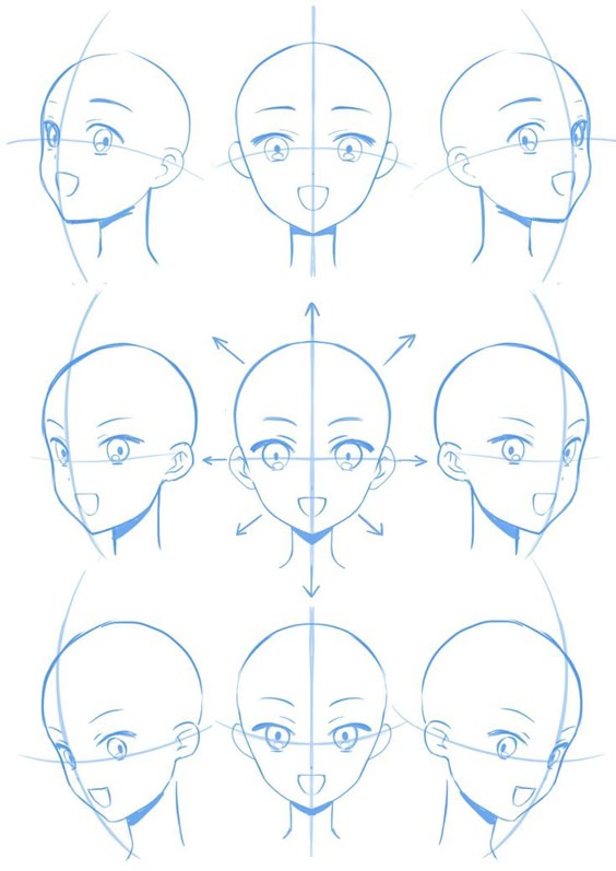 Anime face drawing tutorial showing front and side view angles with guidelines for accurate proportions.