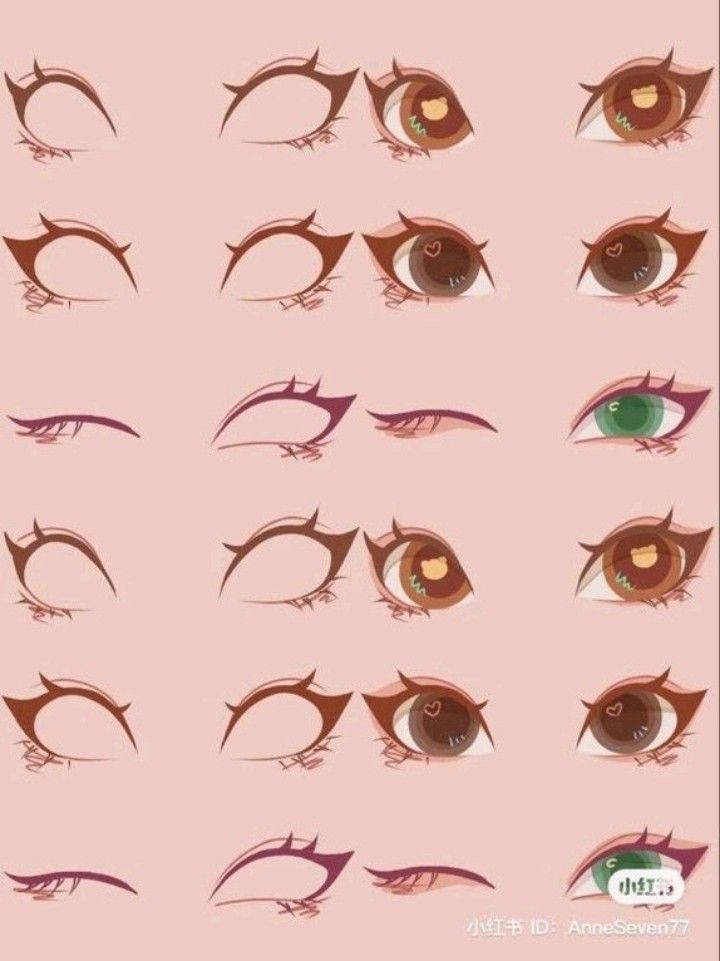 Anime eye expressions chart with various styles on a pink background, showcasing vibrant brown and green eye designs.