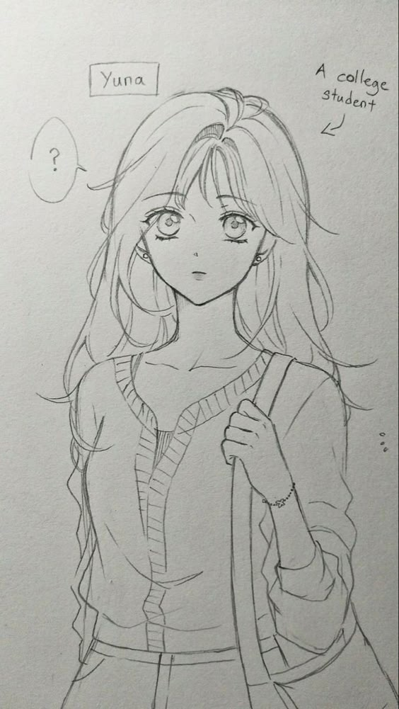 Anime drawing of a thoughtful college student with long hair, carrying a bag.