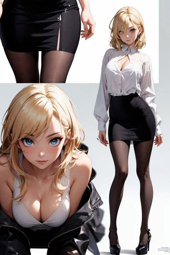 Anime girl in a stylish black skirt and white blouse, showcasing elegance and fashion with blonde hair and blue eyes.