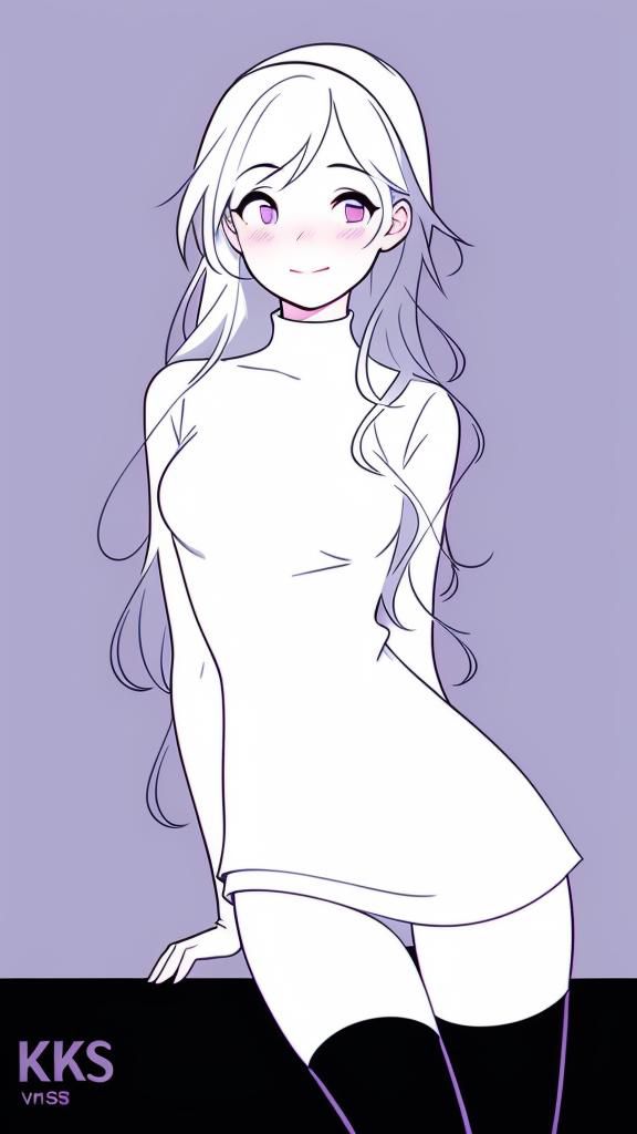 Smiling anime girl with long white hair in a white dress against a purple background.