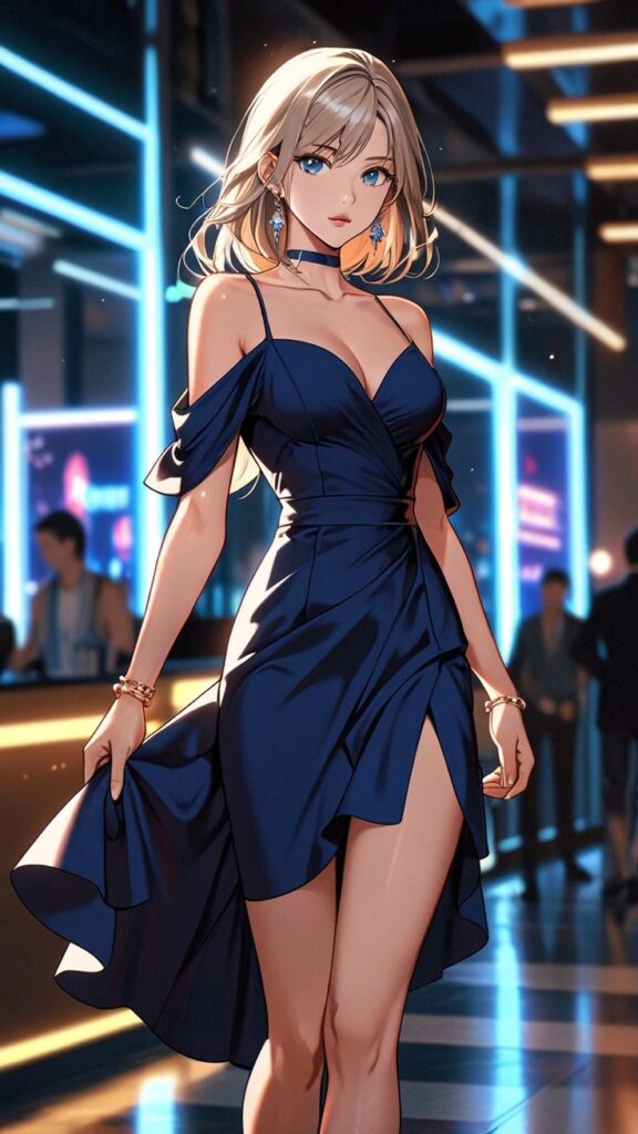 Elegant woman in a blue dress at a nighttime urban setting, exuding sophistication and charm.