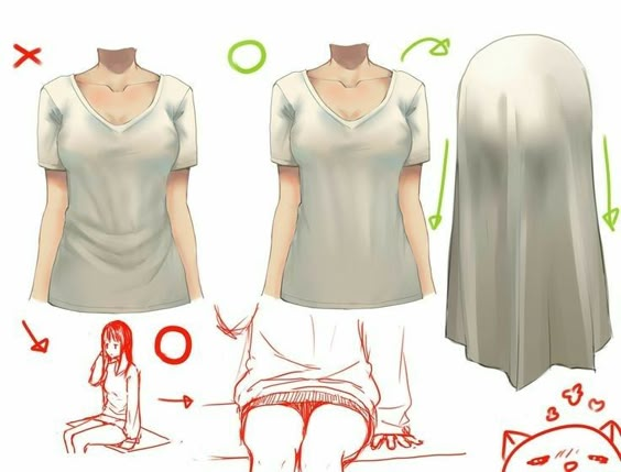 Anime-style drawing tips for clothing draping and sitting positions, with do's and don'ts illustrated.