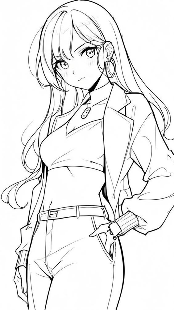 Anime girl with long hair, wearing a jacket and pants, facial expression confident, hand in pocket, black and white sketch.