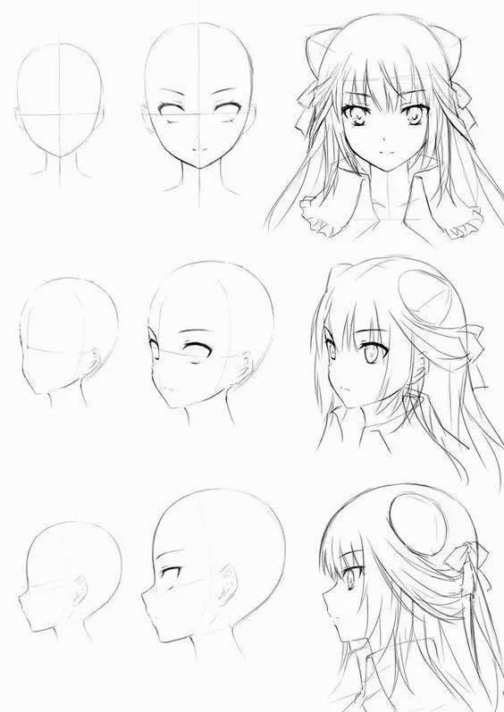 Anime head drawing tutorial showcasing facial proportions from front and side views, with detailed hair and features.