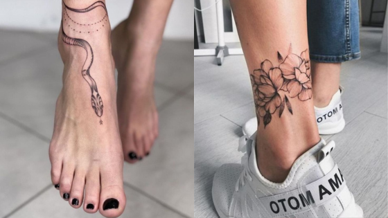 Snake foot tattoo and floral ankle tattoo on individuals in casual settings.