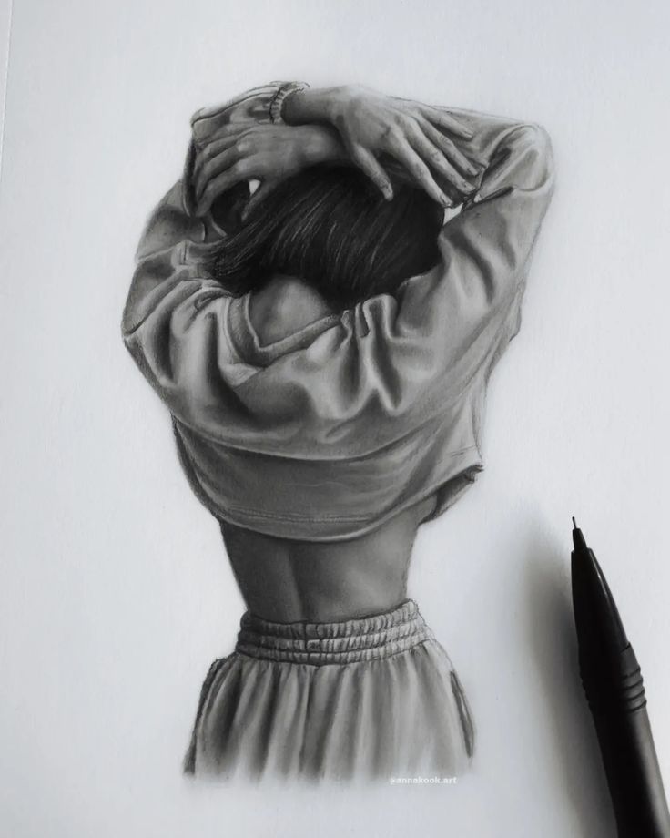 Realistic pencil drawing of a person removing a sweater, showcasing detailed shading and textures.