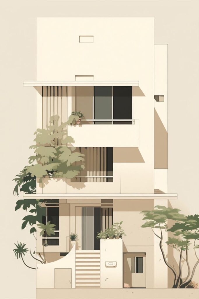 Minimalist modern house with beige facade, large windows, and lush greenery.