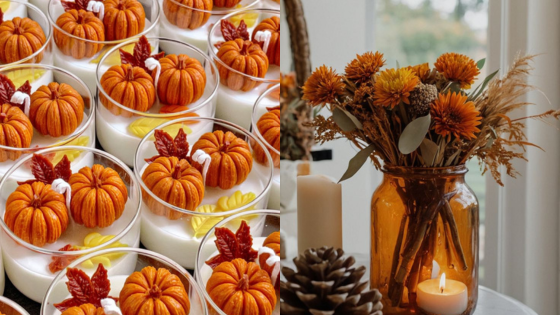 Fall-inspired decor: Mini pumpkin desserts and autumn flower arrangement in amber vase with candles. Cozy autumn setting.