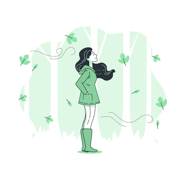 Illustration of a woman enjoying a peaceful walk in a green forest with leaves swirling around.