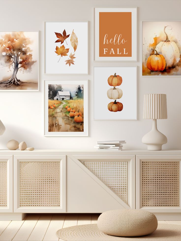 Cozy fall-themed gallery wall with autumn leaves, pumpkins, and a home in a pumpkin field on a neutral background.