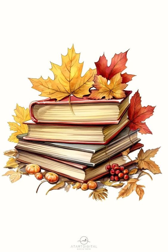 Illustration of books stacked with autumn leaves and pumpkins, evoking a cozy fall reading atmosphere.