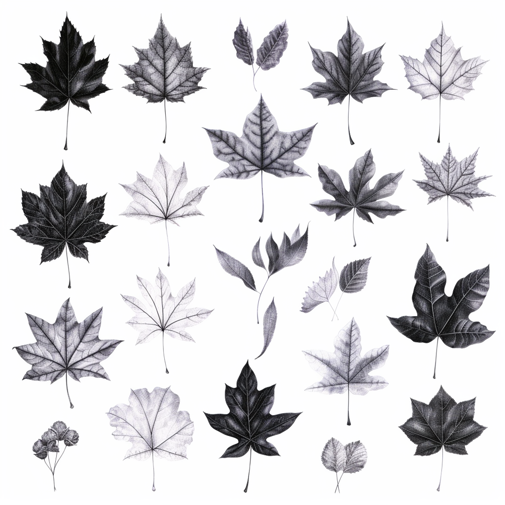 Black and white botanical illustration of various tree leaves on a white background.