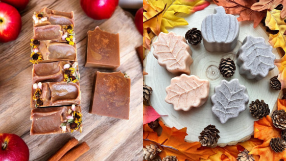 Rustic fall-themed artisanal soaps with leaves, pumpkins, apples, and cinnamon on a wooden backdrop.