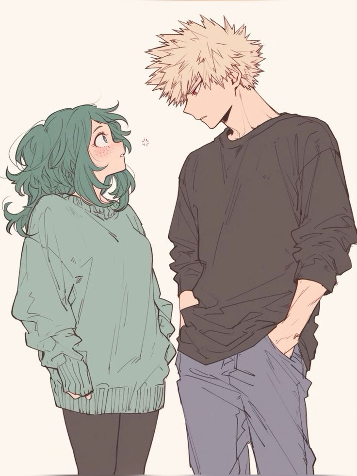 Anime characters in a warm interaction, one with green hair in a sweater, the other with spiky blond hair in a black shirt.