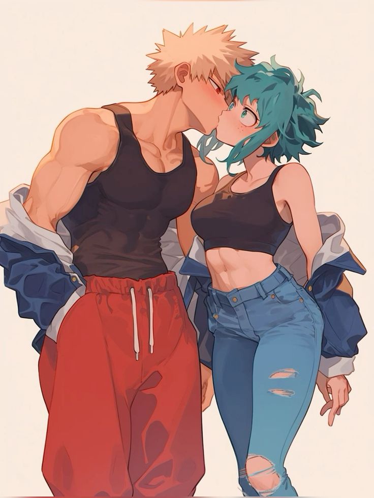 Anime couple sharing a kiss, wearing casual sporty outfits, exuding a romantic atmosphere.