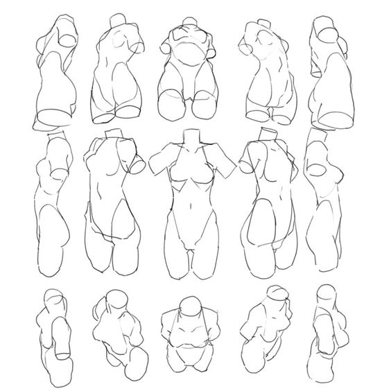 Body sketch variations showing torso angles for figure drawing practice.