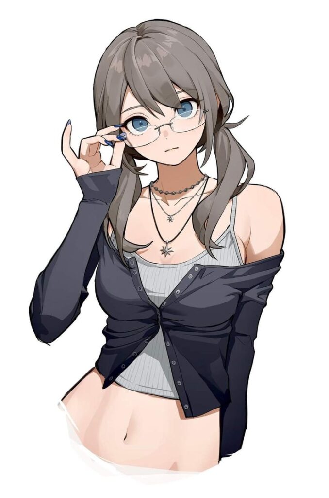 Anime girl with glasses and pigtails, wearing a black cardigan and necklaces, looks thoughtfully at the viewer.