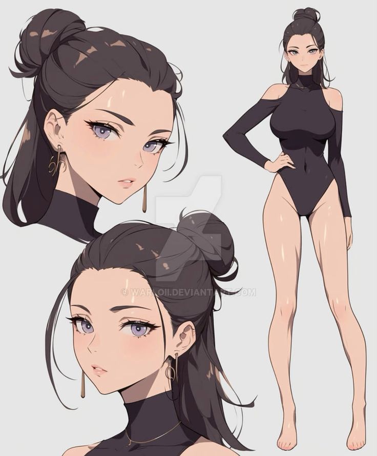 Anime character design with black hair and elegant outfit, featuring detailed front and close-up views.