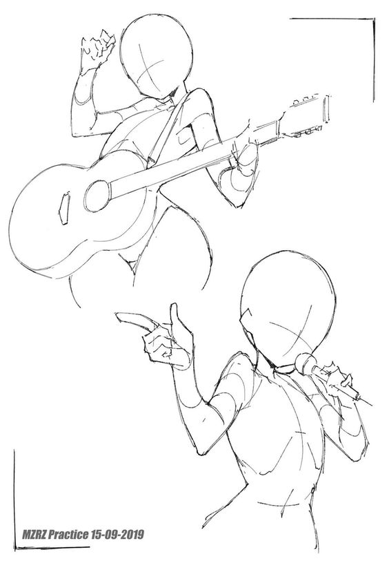 Sketch of a person playing guitar and singing, dynamic poses for music-themed illustration practice.