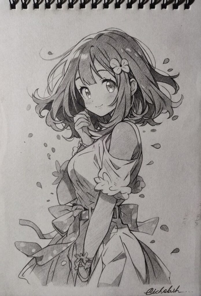 Anime girl sketch with flower in hair, wearing a dress, surrounded by falling petals. Black and white illustration.