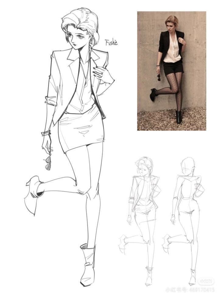 Stylish woman with short hair poses in skirt and blazer, mirrored by fashion sketch with similar outfit.