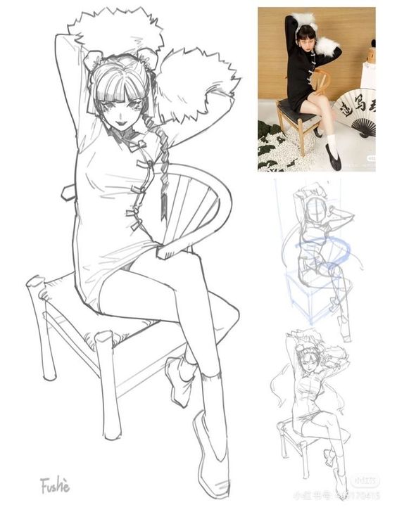 Anime character in a qipao dress posing on a chair with sketches and reference photo.