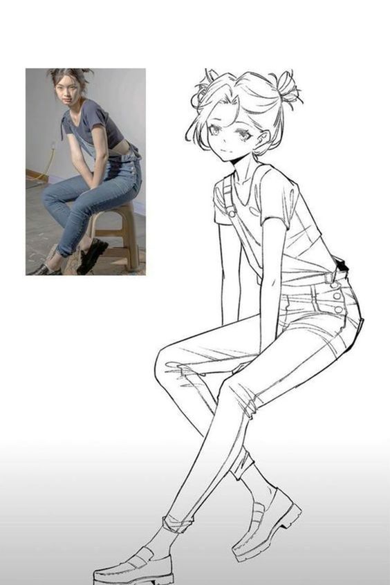 Woman sitting on stool with matching anime-style sketch, both wearing casual jeans and t-shirt.