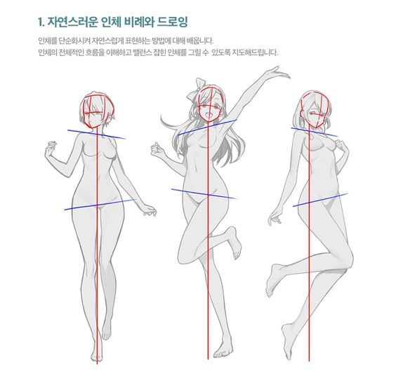 Anime figure drawing guide with three poses, showing body proportions and alignment lines.