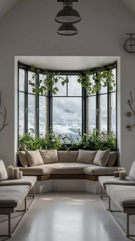 Cozy bay window nook with cushions, lush greenery, and ample natural light in a minimalist living room.