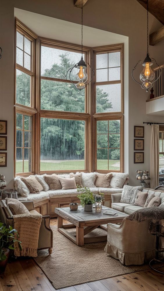 Cozy living room with large windows, rustic decor, and a wooden coffee table. Rain outside enhances the warm, inviting ambiance.