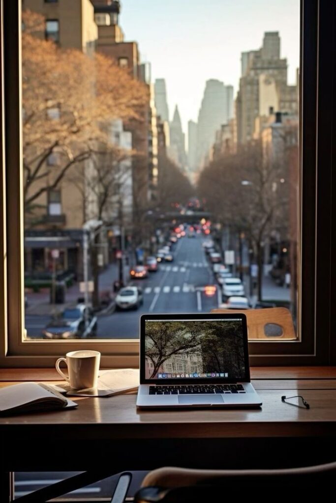 Laptop on a desk by a window with scenic city street view, cozy workspace setup.