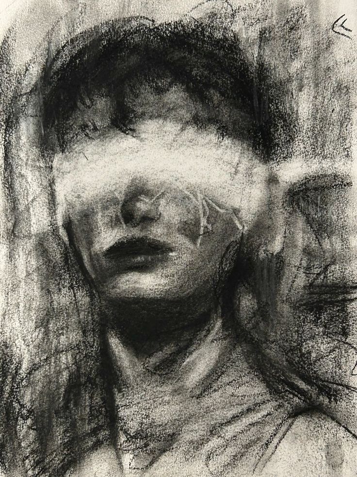 Charcoal abstract portrait with obscured eyes and undefined background. Dark, expressive strokes create a mysterious aura.